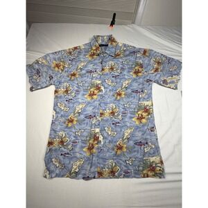 Grant Thomas Mens Blue Cotton Tropical Fish Print Button Up Shirt Oversized Med